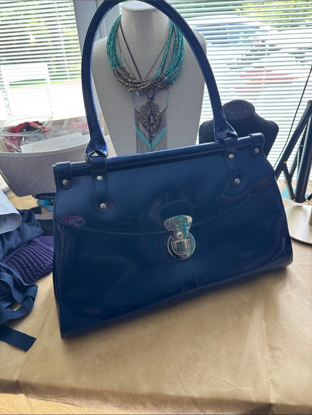 Beijo Navy Patent Satchel with Silver-Tone Lock Matching Wallet